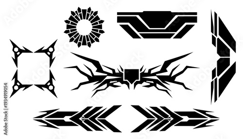 Set of abstract cyber geometric vector shapes, futuristic sci-fi HUD decals, sharp mecha emblems, and tribal tattoos for gaming UI graphic design