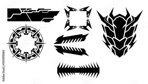 Collection of sci-fi mecha mask vector shapes, cyber tribal tattoos, futuristic HUD frames, sharp arrows, and geometric decals for gaming UI design