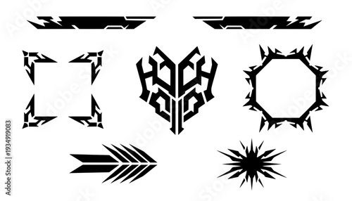 Collection of abstract cyber tribal tattoos, sci-fi HUD frames, sharp arrows, and geometric starburst decals for futuristic game UI graphic design