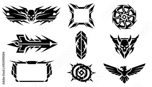 Set of cyberpunk skull and eagle vector shapes, sci-fi HUD frames, tribal tattoos, mecha emblems, and geometric tech decals for gaming UI design