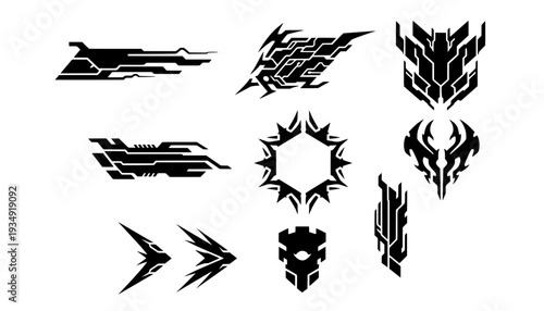 Set of abstract futuristic vector shapes, cyber tribal tattoos, sci-fi HUD decals, mecha emblems, and geometric tech elements for graphic design