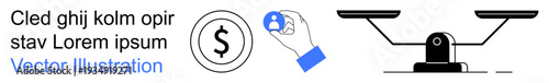 Finance, equality, decision-making, business ethics, resource management, judicial concepts. A dollar sign, hand with user icon and a balanced scale. Finance and equality ideas