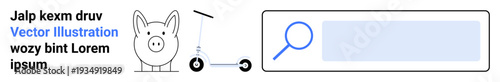 Financial savings, transportation, search tools, digital exploration, modern design, problem solving. A piggy bank, kick scooter and search bar together. Financial savings and transportation