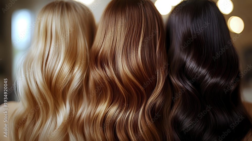 Fototapeta premium Three women showing different hair colors and textures from blonde to brunette to black with flowing wavy styles in salon setting for beauty treatments.