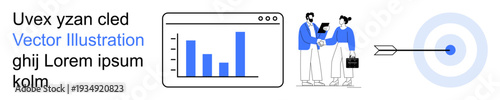 Business strategy, teamwork, goal tracking, data analysis, productivity, marketing. Graph showing growth trends, two professionals collaborating arrow hitting target. Business strategy and teamwork