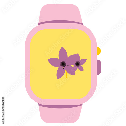 Smartwatch with flower icon on screen isolated on light background wearable lifestyle illustration in flat cartoon style.
