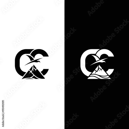 Monogram CC logo with mountain and bird design in black and white.