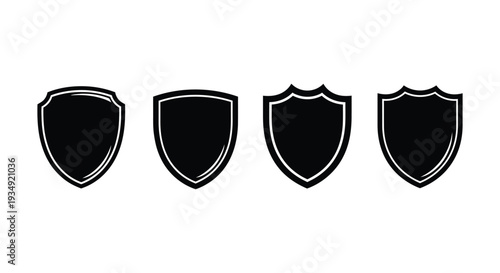 Collection of four black vector shield illustrations, representing security, protection, and safety in a clean design.