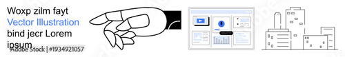 Technology, business innovation, user interface, urban planning, data analysis, smart cities. Hand pointing, digital dashboard with screen details and line art cityscape. Technology and business