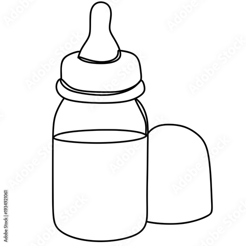 Baby feeding bottle line art illustration, milk bottle with nipple.