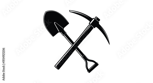 Black and white vector illustration graphic of a crossed shovel and pickaxe symbolizing construction or mining work