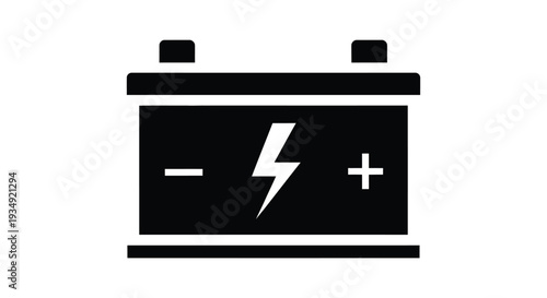Clean black and white car battery icon graphic representing electric power and energy supply.