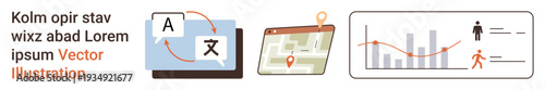Language translation, navigation tools, data visualization, analytics, communication, technology workflow. Features translation symbols, a GPS map and statistical graphs. Language translation