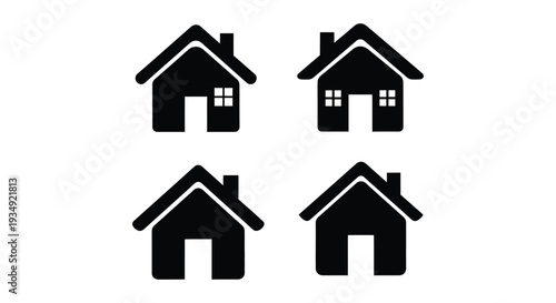 A set of four simple black and white vector house icons with different designs for web and app interfaces.
