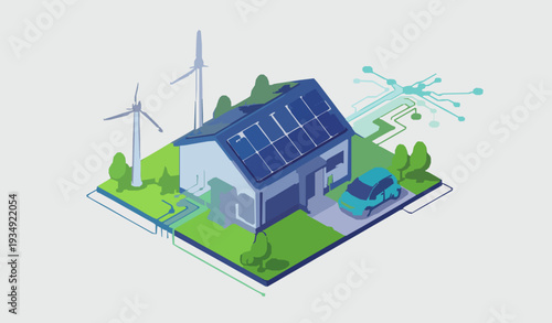 Isometric Smart Grid Renewable Energy House with Solar Panels and Electric Vehicle