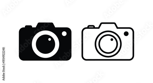 Essential digital camera graphic icons in both solid and outline styles for various creative applications