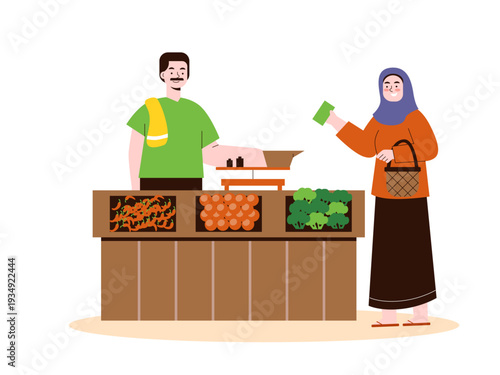 A male vendor selling fresh produce to a female customer. Indonesian market illustrations. Flat vector concept.
