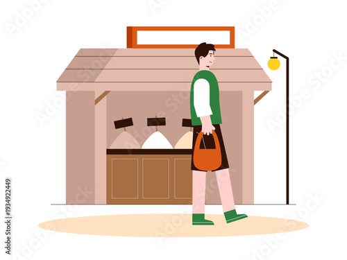 A person walks away from a roadside food stall while carrying a bag. Indonesian market illustrations. Flat vector concept.