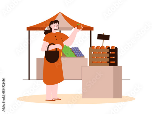 A woman shopping at an outdoor fruit market. Indonesian market illustrations. Flat vector concept.