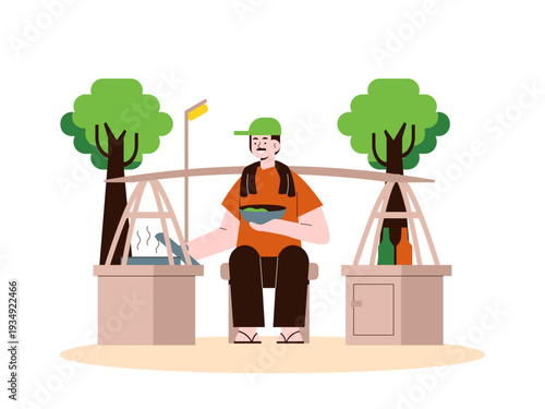 A street vendor selling food from a traditional Indonesian food cart. Indonesian market illustrations. Flat vector concept.