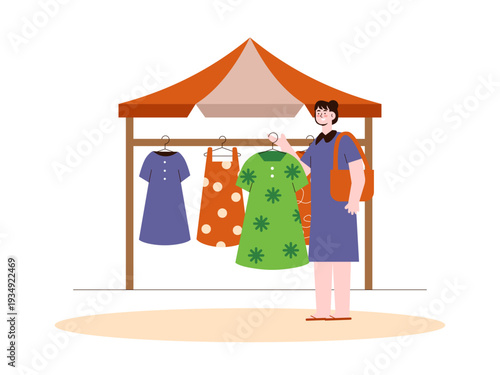 A clothing boutique or a fashion stall at a market where various dresses are displayed on hangers.  Indonesian market illustrations. Flat vector concept.