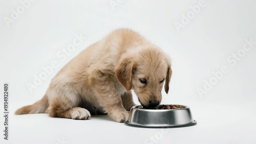 A golden retriever puppy eating from a bowl on a white background.