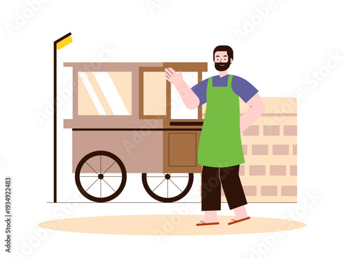 A traditional Indonesian street food vendor standing with his food cart. Indonesian market illustrations. Flat vector concept.
