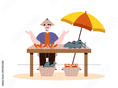 A vendor selling various types of fresh seafood at a market stall. Indonesian market illustrations. Flat vector concept.