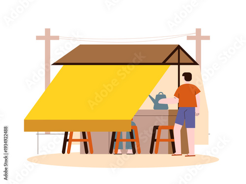 A vendor serving customers from a small, outdoor stand. Indonesian market illustrations. Flat vector concept.