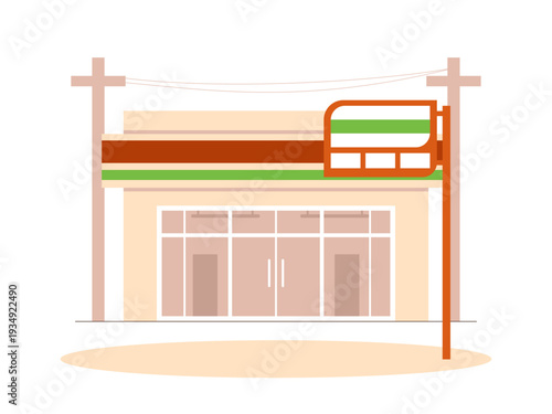 A convenience store showcasing the exterior of the building with a large signage pole. Indonesian market illustrations. Flat vector concept.