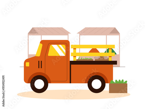 A vintage farmer's truck parked at a vegetable stall, loaded with fresh produce. Indonesian market illustrations. Flat vector concept.