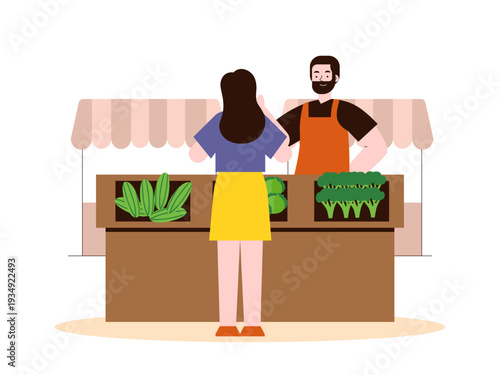 A customer buying fresh produce from a vendor at a farmers market stall. Indonesian market illustrations. Flat vector concept.