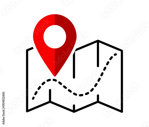 Navigation map with marker and pin showing geolocation point route path for travel direction and digital navigation interface on transparent background.