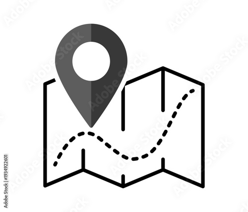 Navigation map with marker and pin showing geolocation point route path for travel direction and digital navigation interface on transparent background.