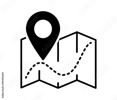 Navigation map with marker and pin showing geolocation point route path for travel direction and digital navigation interface on transparent background.