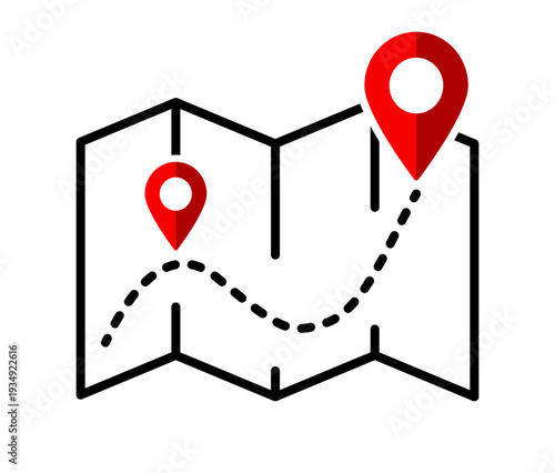 Navigation map with marker and pin showing geolocation point route path for travel direction and digital navigation interface on transparent background.
