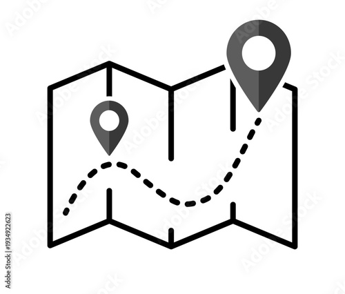 Navigation map with marker and pin showing geolocation point route path for travel direction and digital navigation interface on transparent background.
