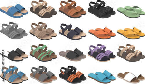 footwear vector set featuring colorful summer sandals casual beach slides and leather flip flops for fashion retail,