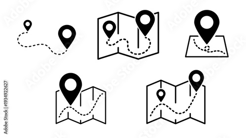 Navigation map icons with marker and pin showing geolocation point route paths for travel direction and digital navigation interface on transparent background.
