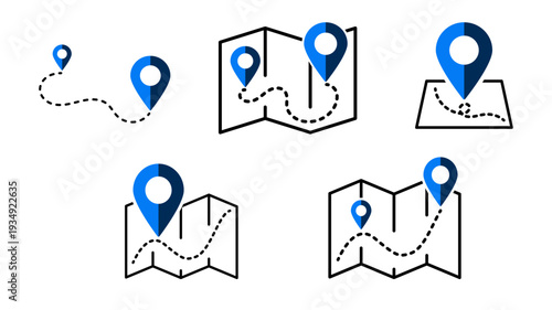 Blue navigation map icons with marker and pin showing geolocation point route paths for travel direction and digital navigation interface on transparent background.