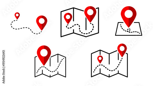 Red navigation map icons with marker and pin showing geolocation point route paths for travel direction and digital navigation interface on transparent background.