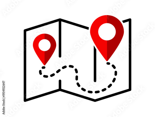 Navigation map with marker and pin showing geolocation point route path for travel direction and digital navigation interface on transparent background.