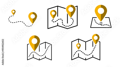 Yellow navigation map icons with marker and pin showing geolocation point route paths for travel direction and digital navigation interface on transparent background.