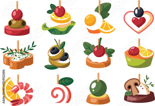 gourmet appetizer and party canapé icon set featuring various hors d'oeuvres on skewers for catering and restaurant menus,