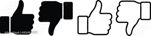 thumbs up and thumbs down icon set with solid and outline styles for user feedback social media like and dislike,