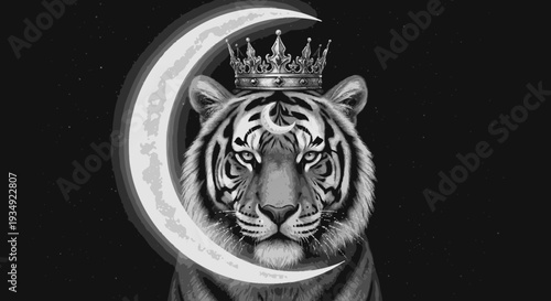 Tiger king adorned with a crown and crescent moon symbolism
