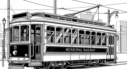 Vintage streetcar illustration classic tram on urban roadway
