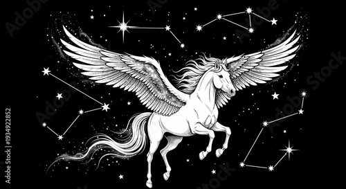 Winged horse in night sky with constellations vector illustration