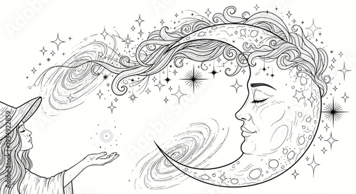 Woman gazing at celestial moon and stars in detailed black and white illustration
