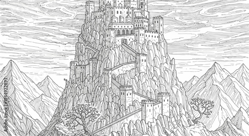 Detailed pen and ink illustration of a majestic mountain fortress
